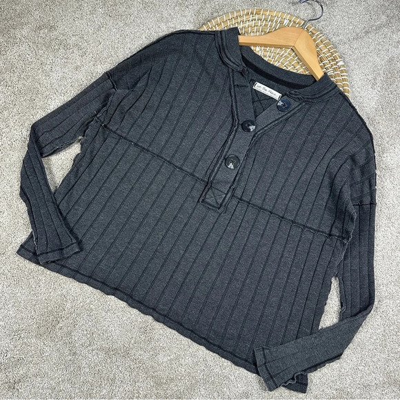 We The Free In The Mix Ribbed Oversized Long Sleeve Henley Top Charcoal Gray XS - Picture 3 of 14